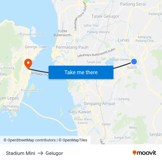 Stadium Mini to Gelugor map