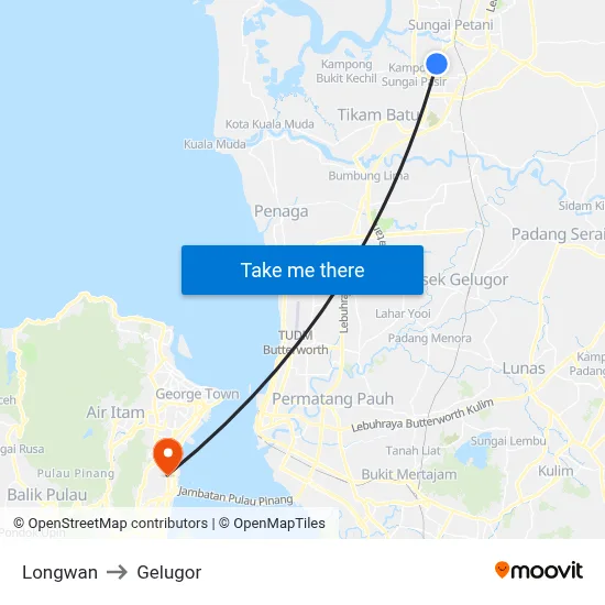 Longwan to Gelugor map