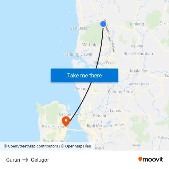 Gurun to Gelugor map