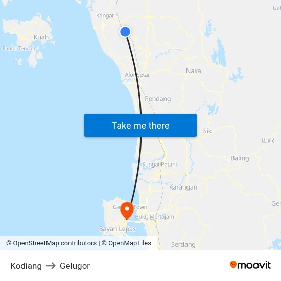Kodiang to Gelugor map