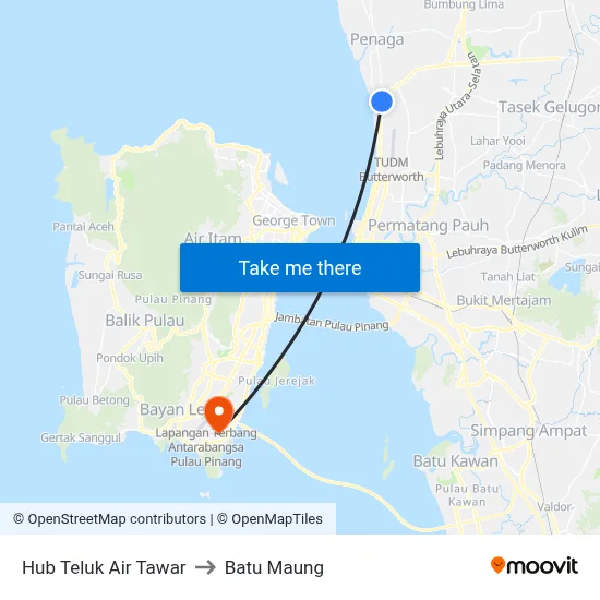 Hub Teluk Air Tawar to Batu Maung map
