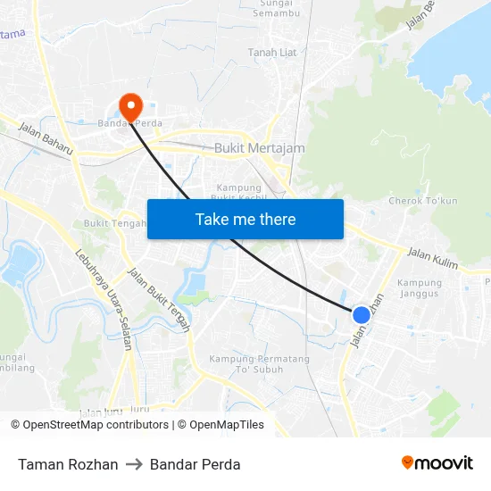 Taman Rozhan to Bandar Perda map