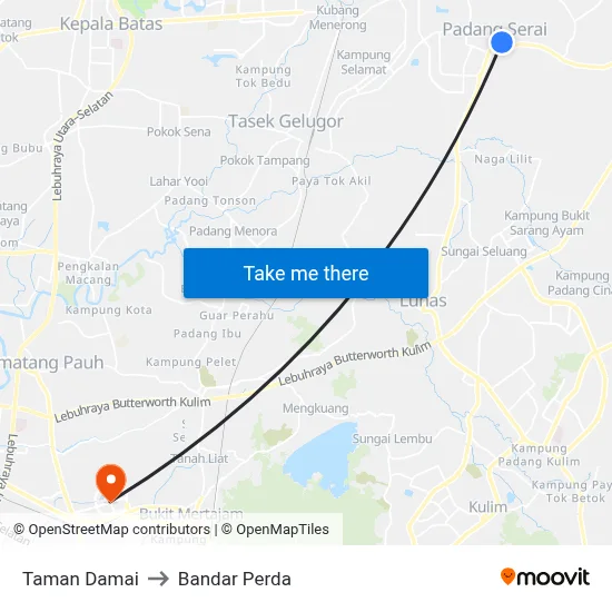 Taman Damai to Bandar Perda map