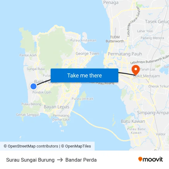 Surau Sungai Burung to Bandar Perda map