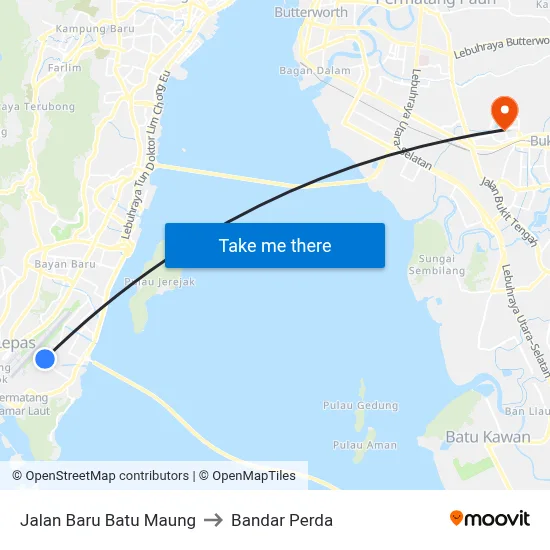 Jalan Baru Batu Maung to Bandar Perda map