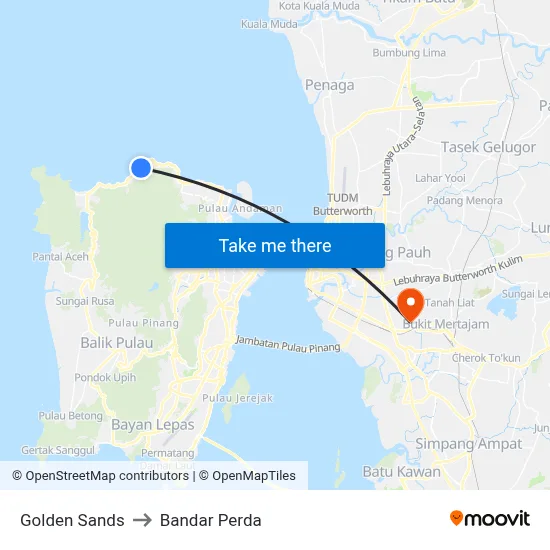 Golden Sands to Bandar Perda map