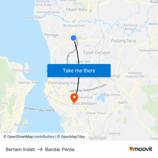 Bertam Indah to Bandar Perda map