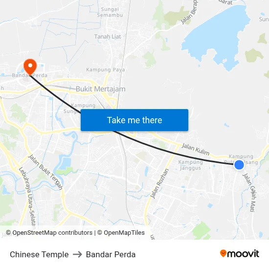 Chinese Temple to Bandar Perda map