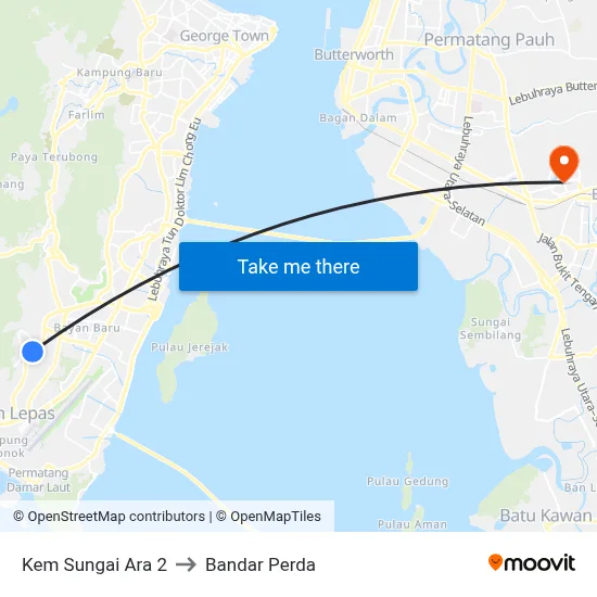Kem Sungai Ara 2 to Bandar Perda map