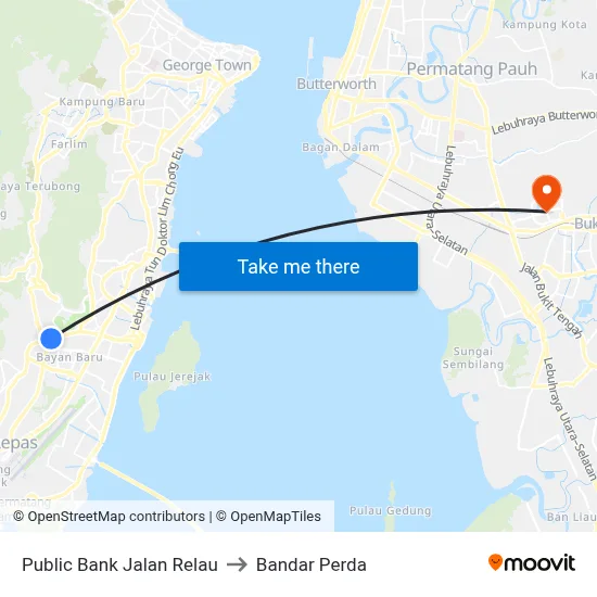 Public Bank Jalan Relau to Bandar Perda map