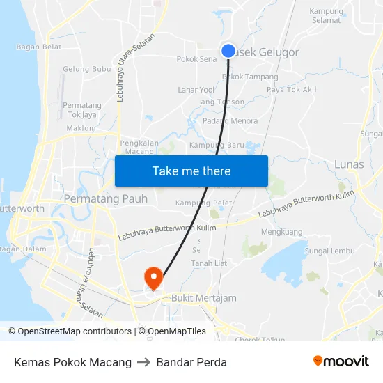 Kemas Pokok Macang to Bandar Perda map