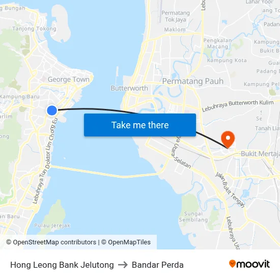 Hong Leong Bank Jelutong to Bandar Perda map