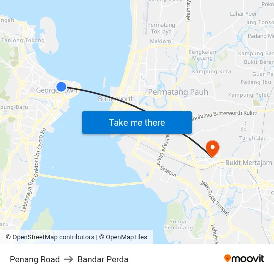 Penang Road to Bandar Perda map