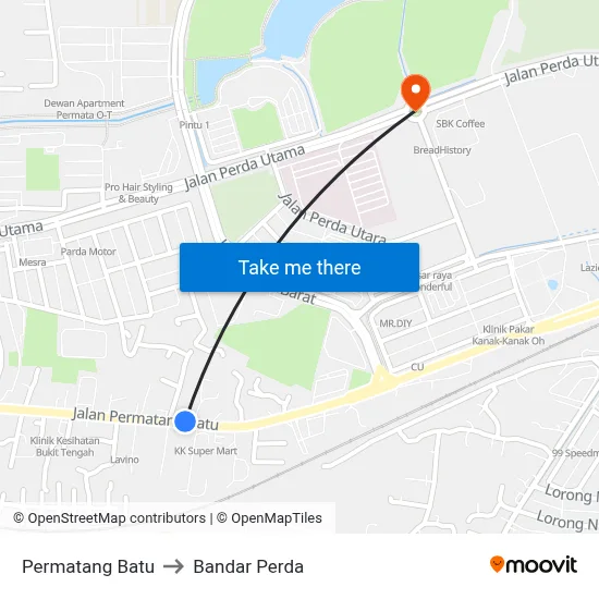Permatang Batu to Bandar Perda map