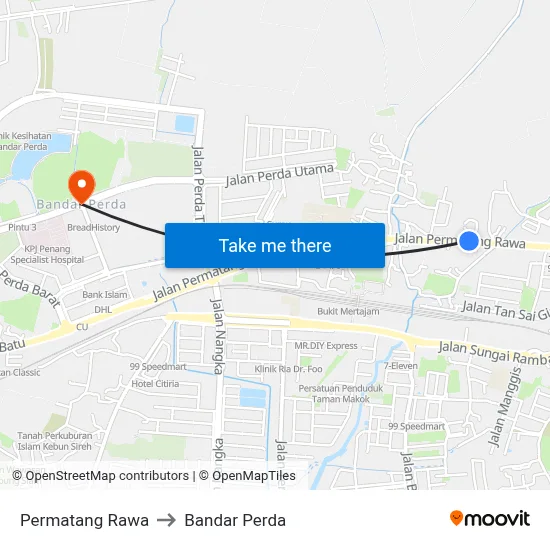 Permatang Rawa to Bandar Perda map