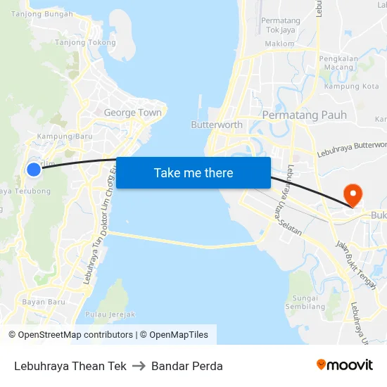 Lebuhraya Thean Tek to Bandar Perda map