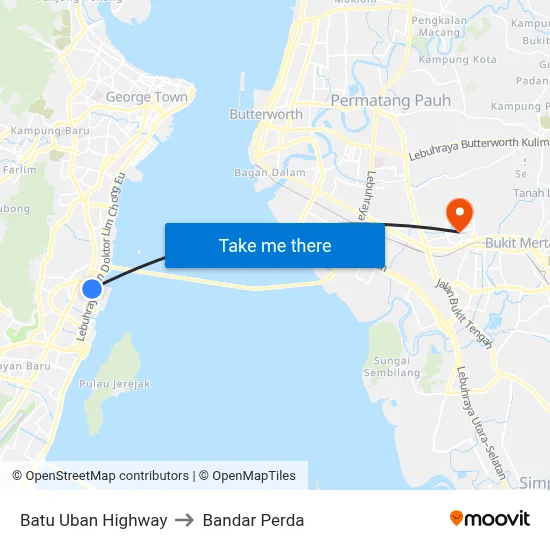 Batu Uban Highway to Bandar Perda map