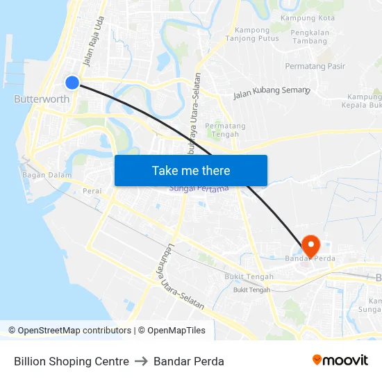 Billion Shoping Centre to Bandar Perda map