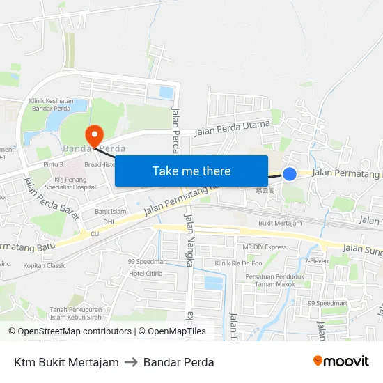 Ktm Bukit Mertajam to Bandar Perda map