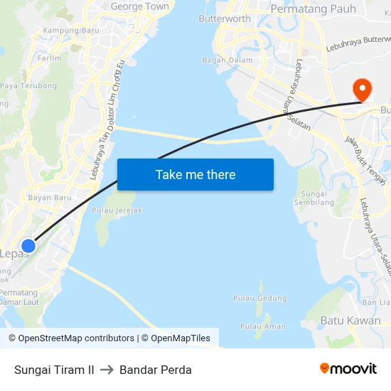 Sungai Tiram II to Bandar Perda map