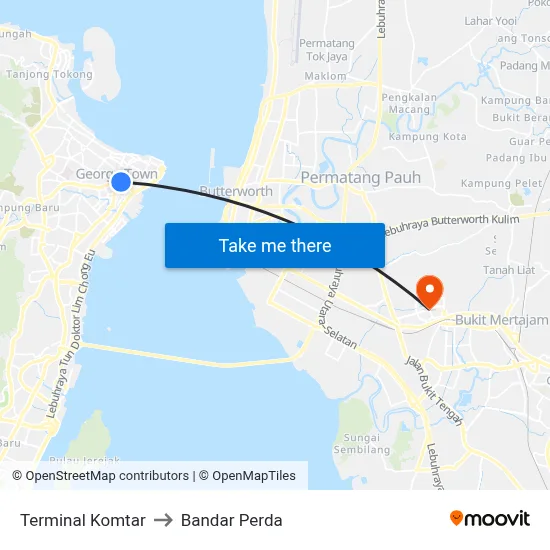 Terminal Komtar to Bandar Perda map
