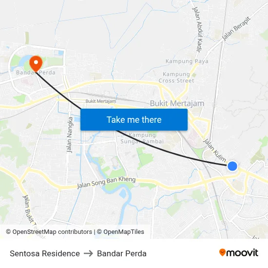 Sentosa Residence to Bandar Perda map