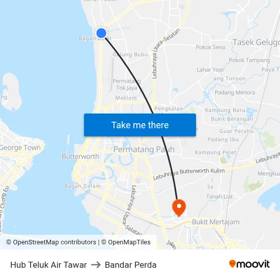 Hub Teluk Air Tawar to Bandar Perda map