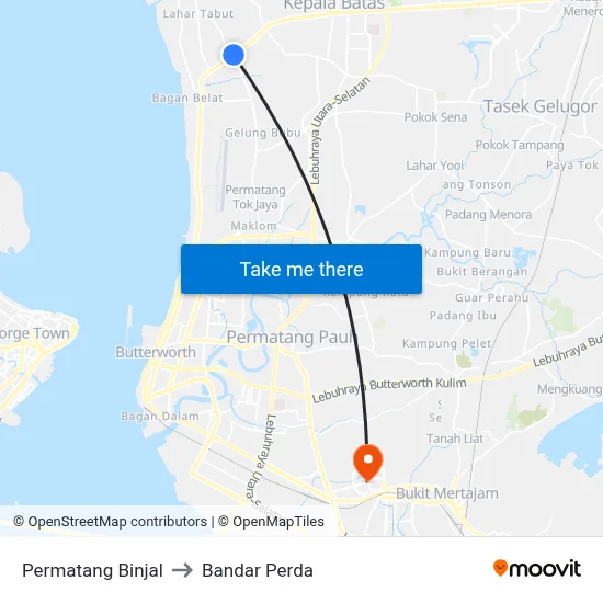 Permatang Binjal to Bandar Perda map