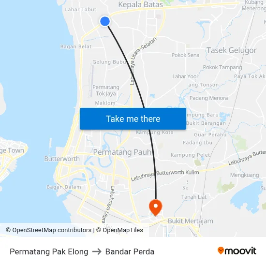 Permatang Pak Elong to Bandar Perda map