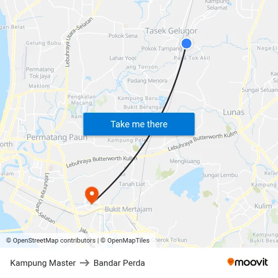 Kampung Master to Bandar Perda map