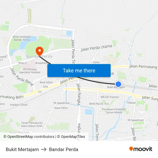 Bukit Mertajam to Bandar Perda map