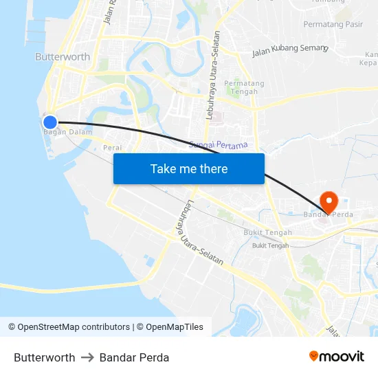 Butterworth to Bandar Perda map