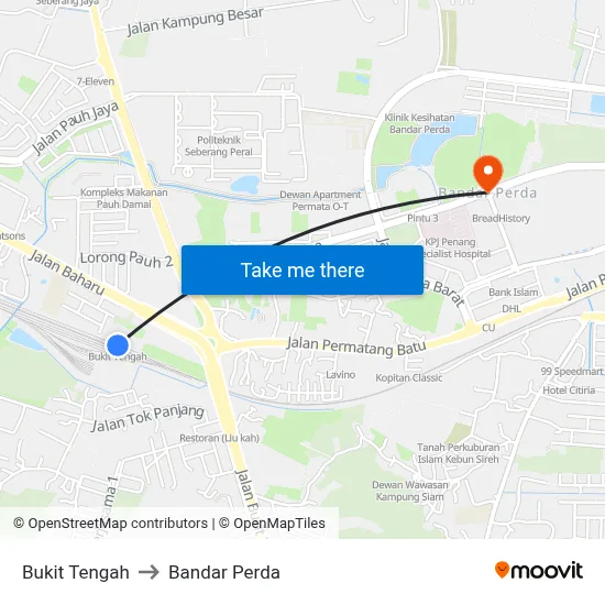 Bukit Tengah to Bandar Perda map