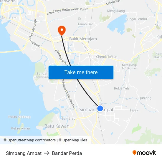 Simpang Ampat to Bandar Perda map
