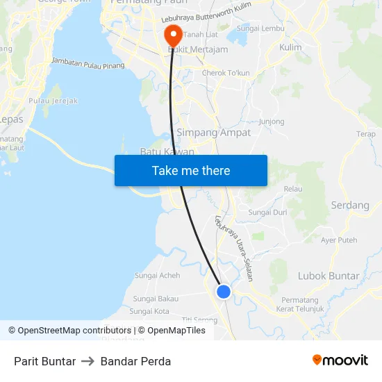 Parit Buntar to Bandar Perda map