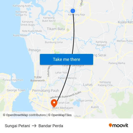 Sungai Petani to Bandar Perda map
