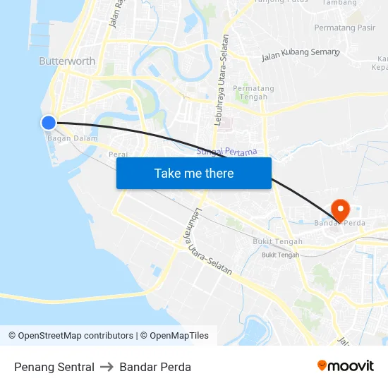 Penang Sentral to Bandar Perda map