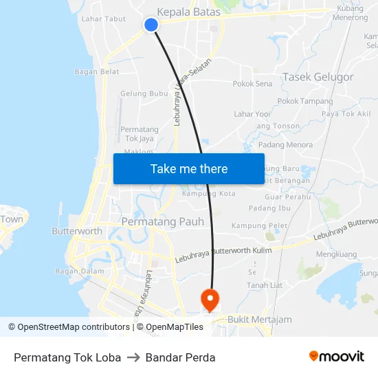 Permatang Tok Loba to Bandar Perda map