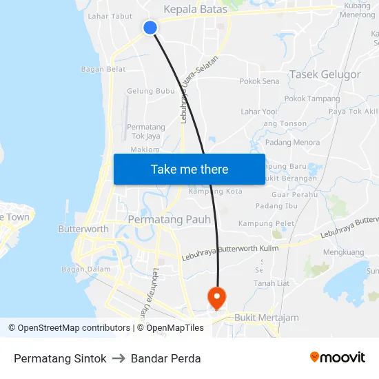 Permatang Sintok to Bandar Perda map