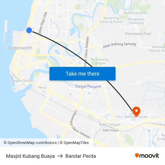 Masjid Kubang Buaya to Bandar Perda map
