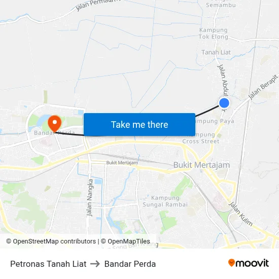 Petronas Tanah Liat to Bandar Perda map