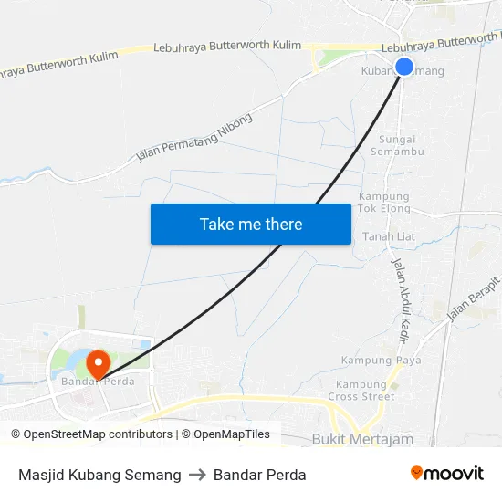 Masjid Kubang Semang to Bandar Perda map