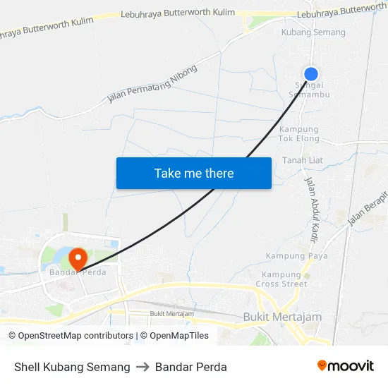 Shell Kubang Semang to Bandar Perda map