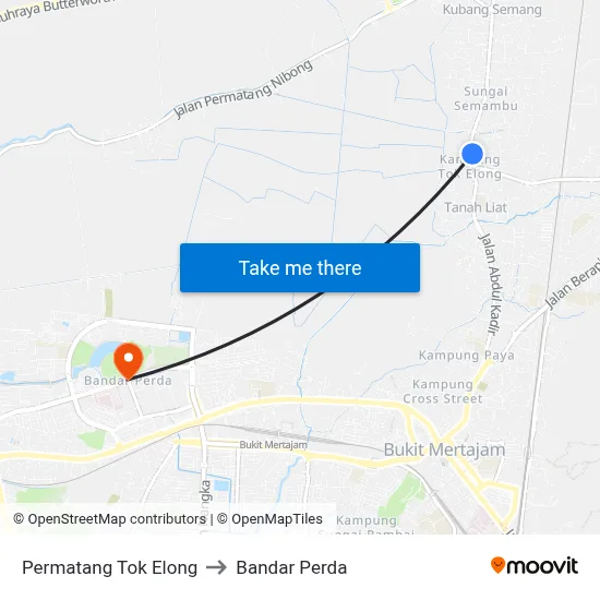 Permatang Tok Elong to Bandar Perda map