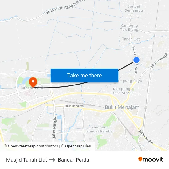 Masjid Tanah Liat to Bandar Perda map