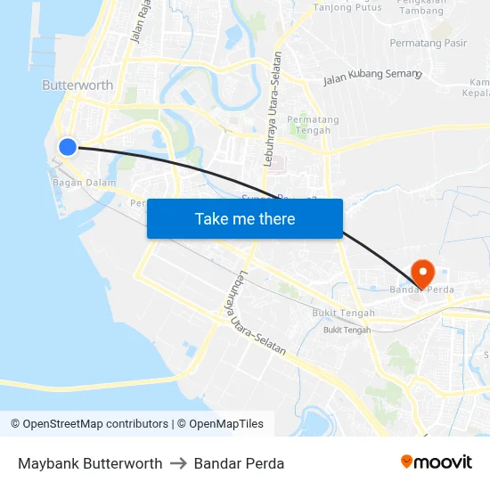 Maybank Butterworth to Bandar Perda map