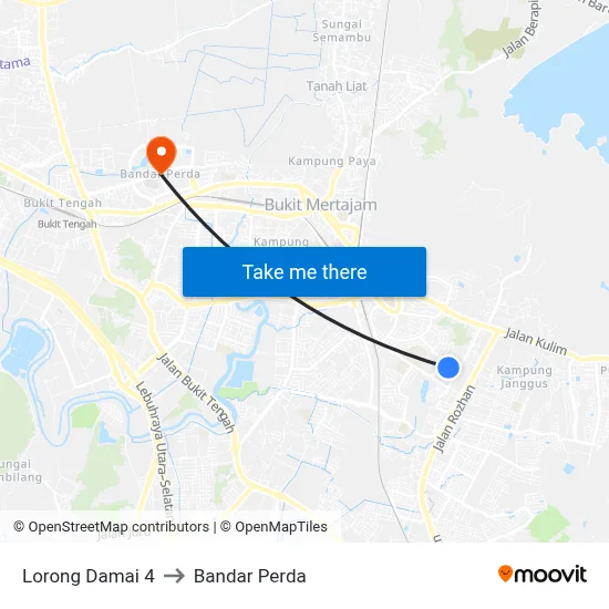Lorong Damai 4 to Bandar Perda map