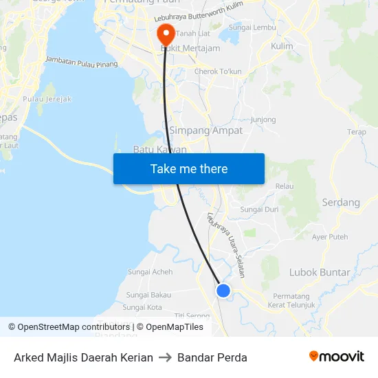 Arked Majlis Daerah Kerian to Bandar Perda map