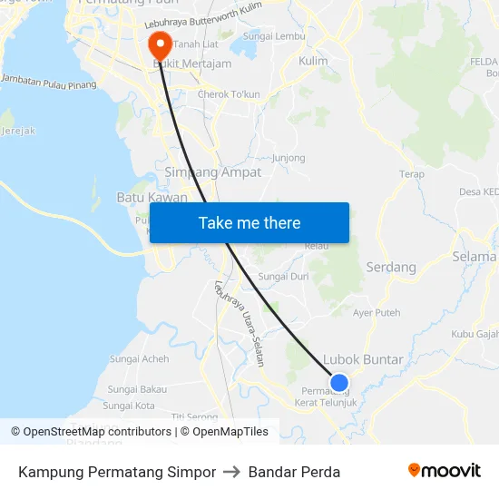 Kampung Permatang Simpor to Bandar Perda map