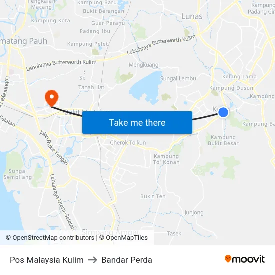 Pos Malaysia Kulim to Bandar Perda map